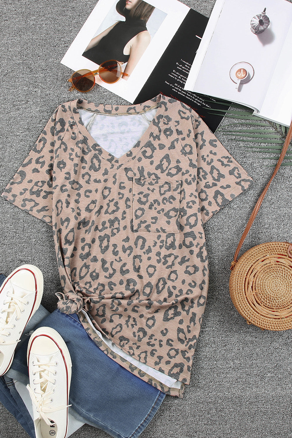 Brown V Neck Front Pocket Leopard Tee