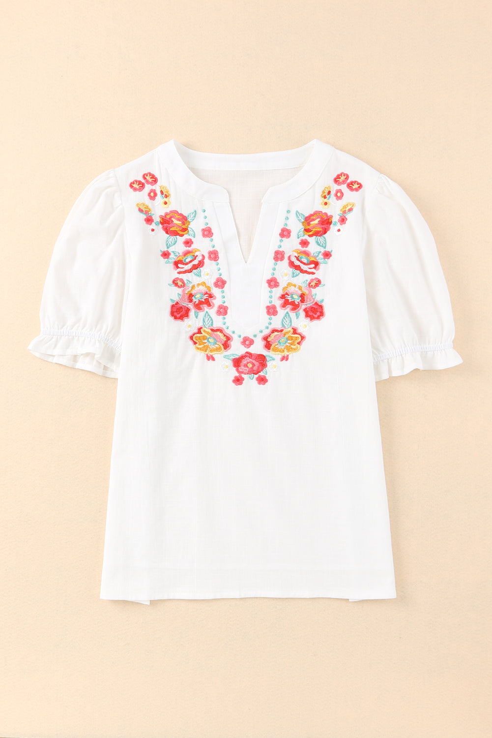 White Floral Embroidered Ruffled Puff Sleeve Blouse