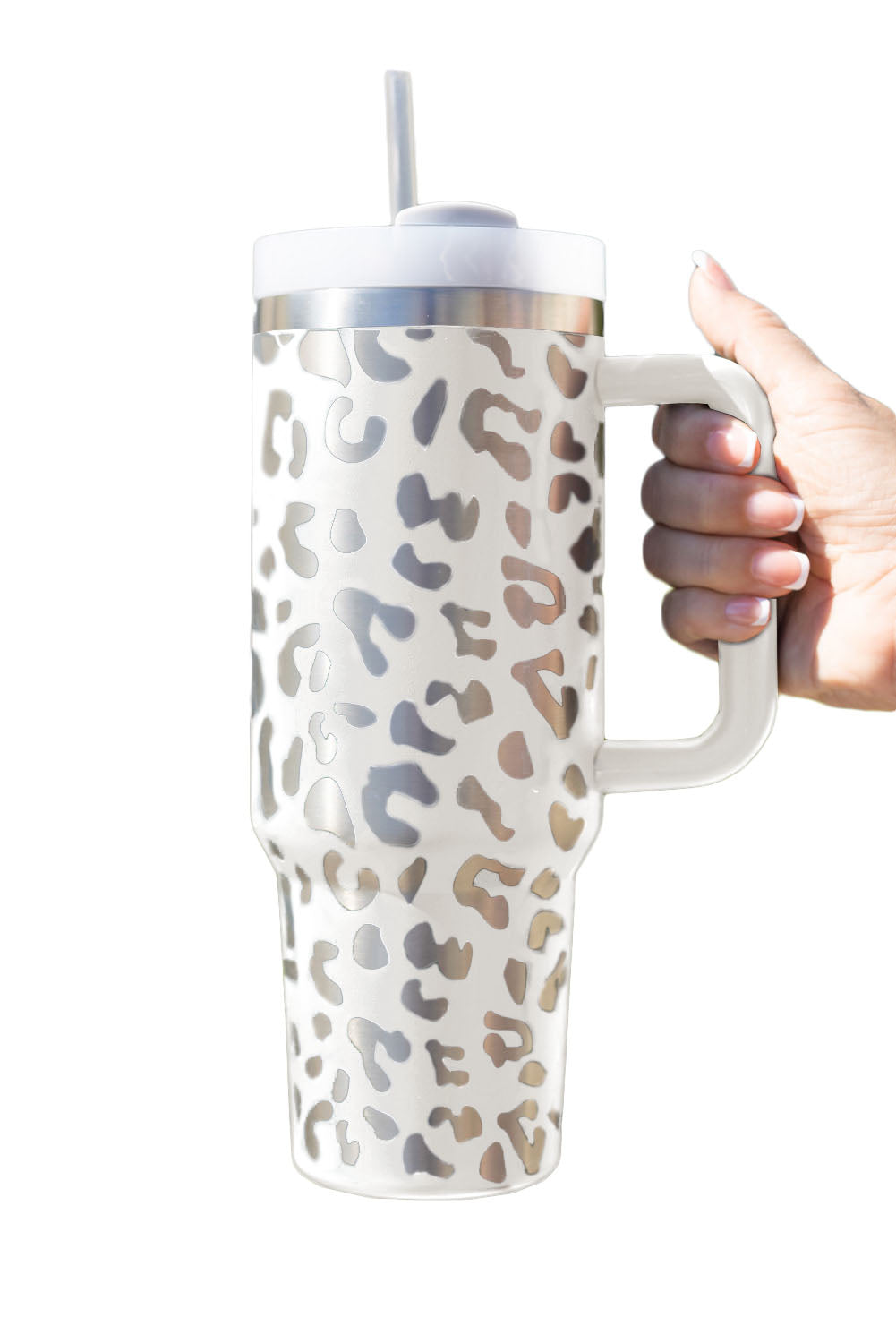 White Leopard Print 40oz Stainless Steel Portable Cup with Handle