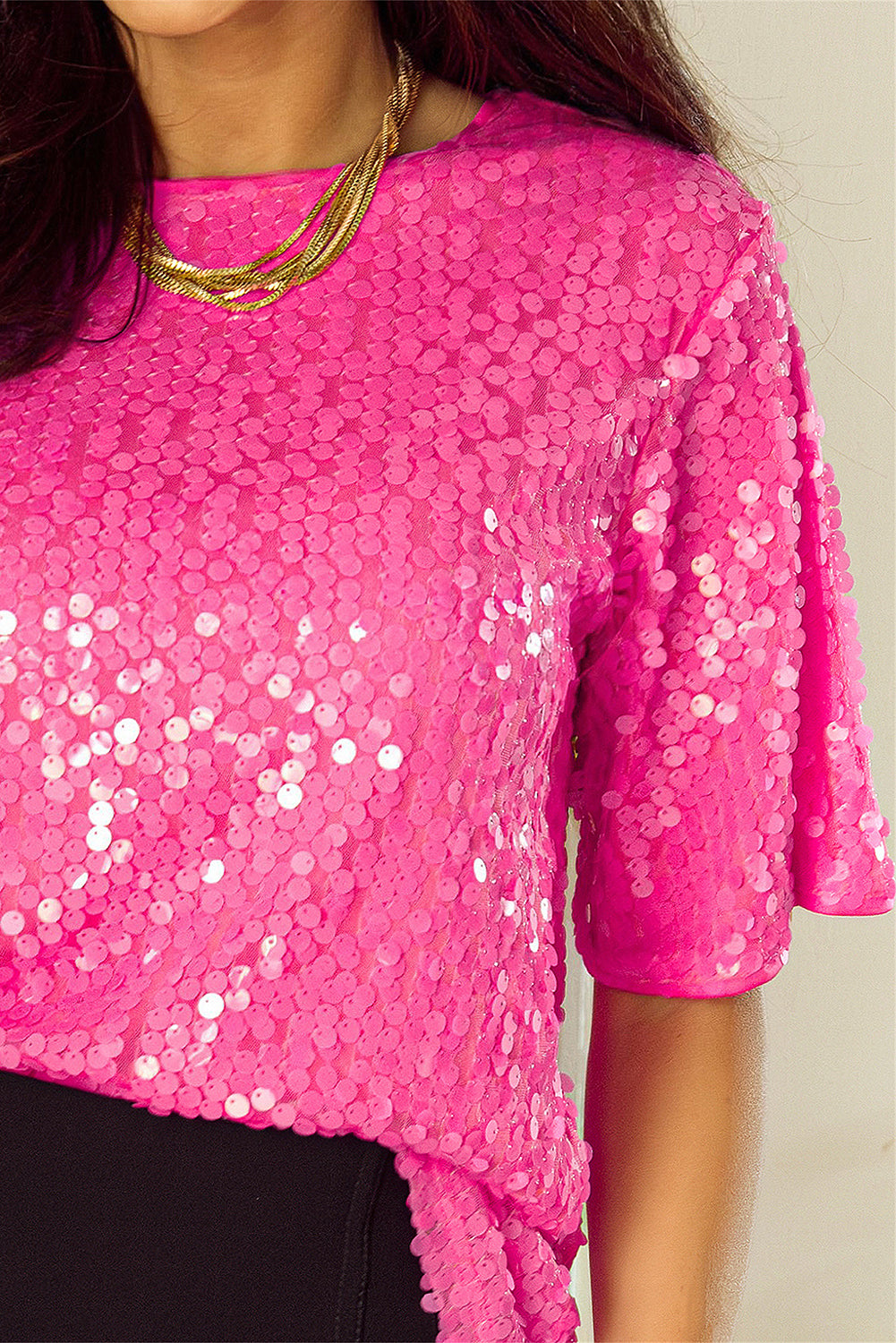 Bright Pink Sequin Round Neck Half Sleeve Top