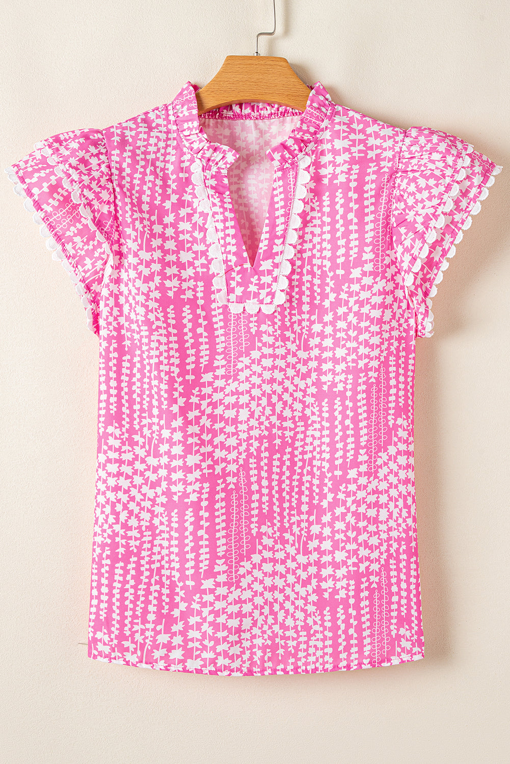 Pink Abstract Print Ric Rac Trim Flutter Sleeve Notch V Neck Blouse