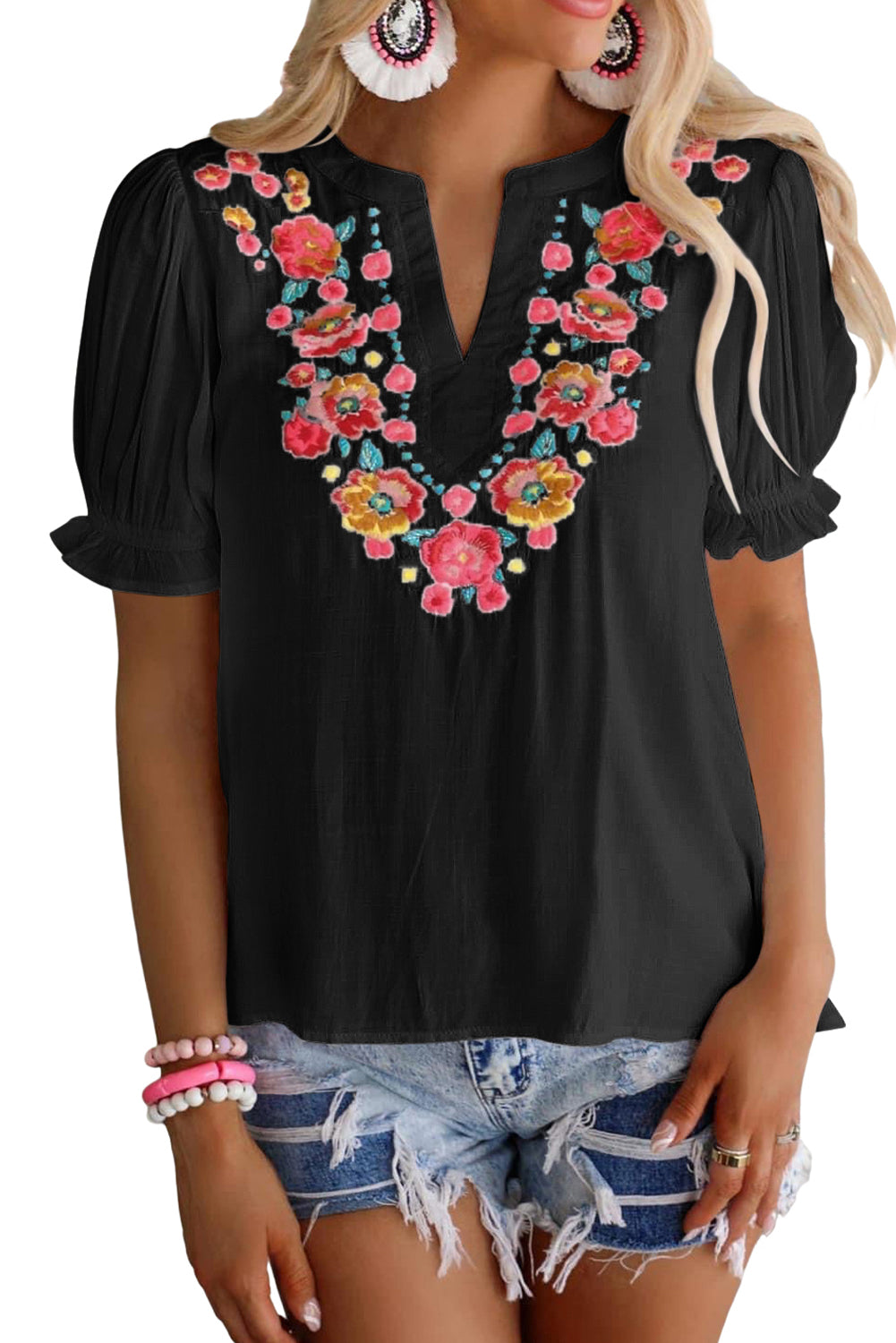 White Floral Embroidered Ruffled Puff Sleeve Blouse