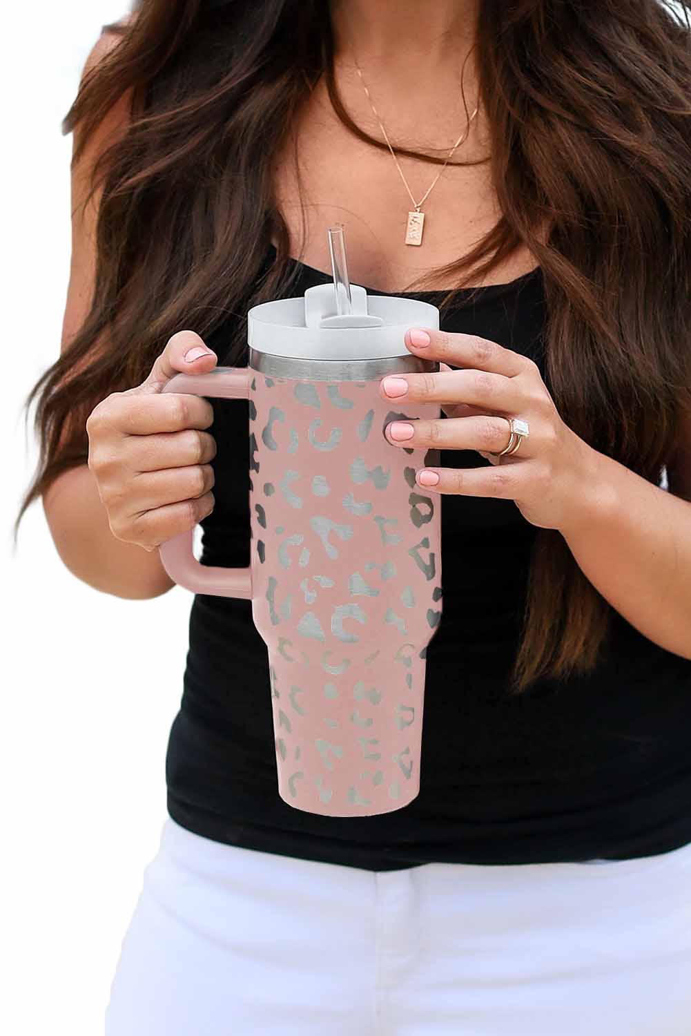 Pink Leopard Print 40oz Stainless Steel Portable Cup with Handle