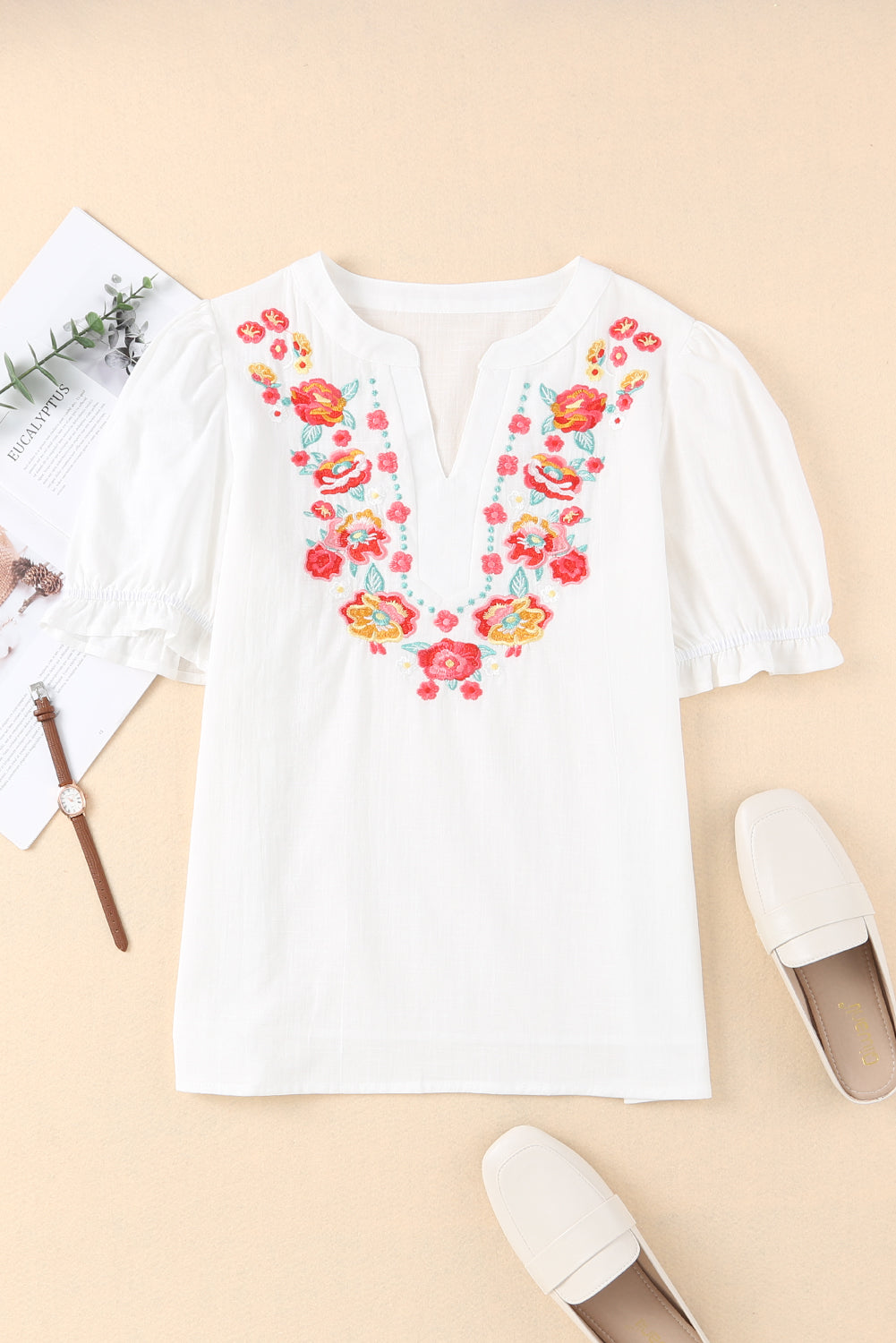 White Floral Embroidered Ruffled Puff Sleeve Blouse