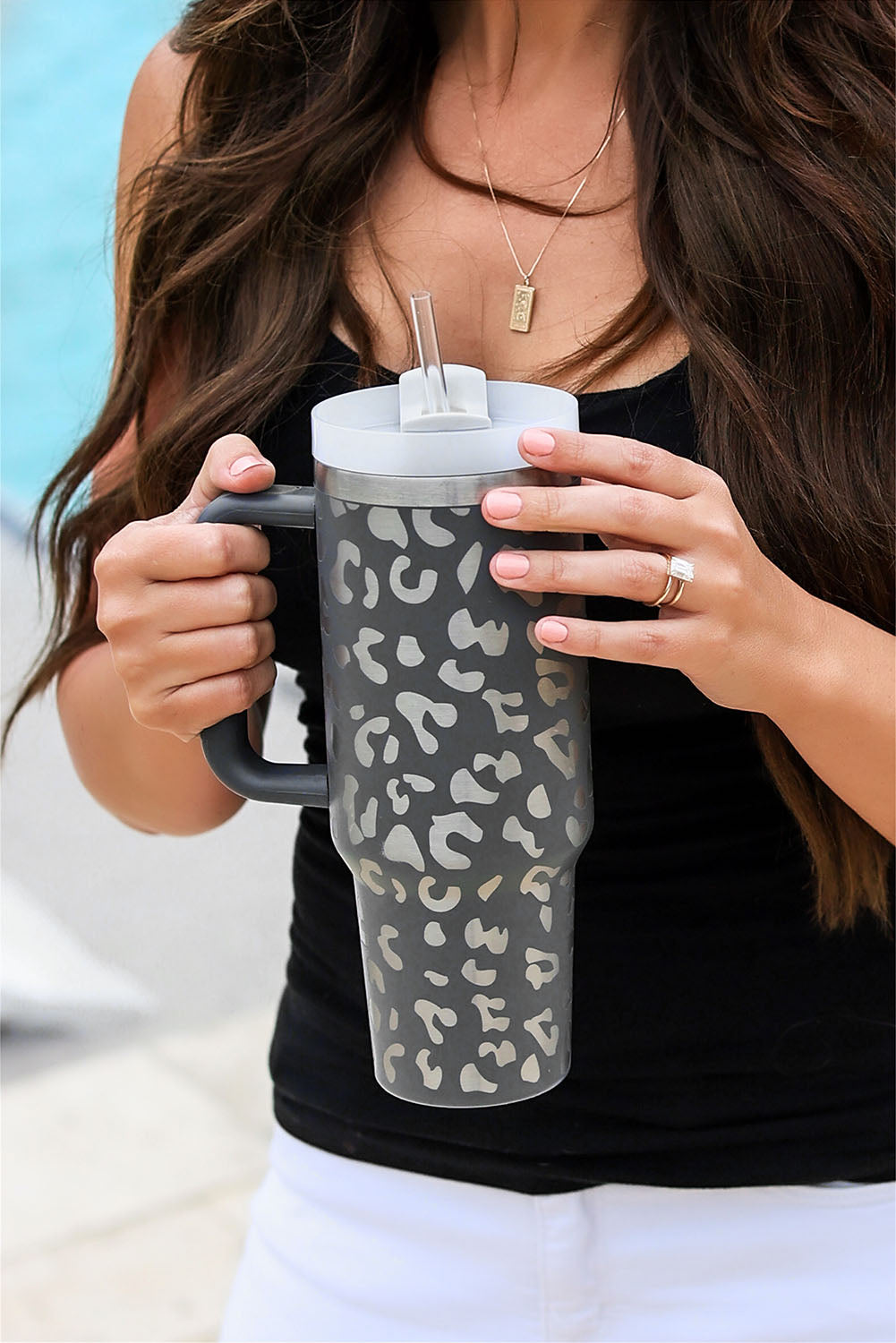 Gray Leopard Print 40oz Stainless Steel Portable Cup with Handle