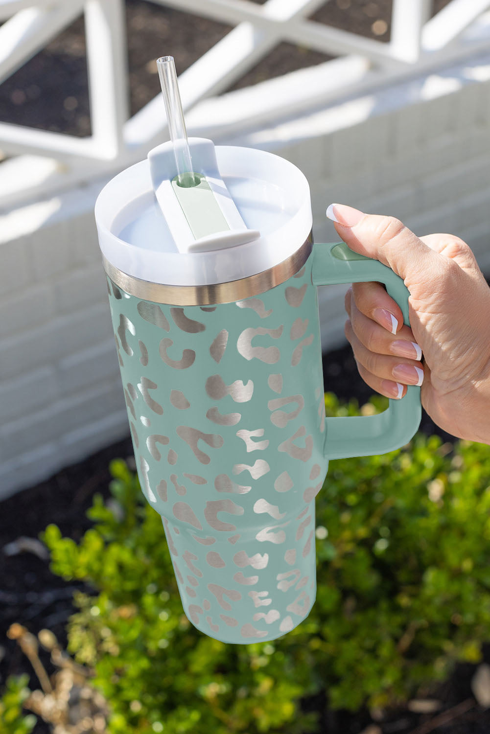 Green Leopard Print 40oz Stainless Steel Portable Cup with Handle