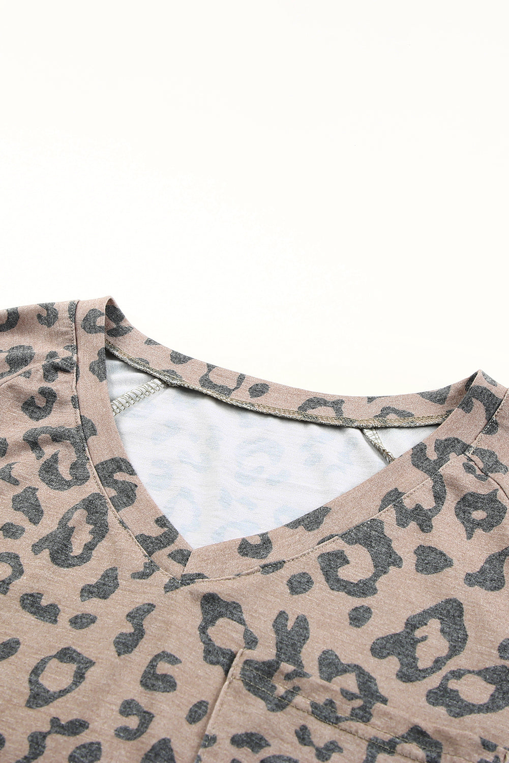 Brown V Neck Front Pocket Leopard Tee