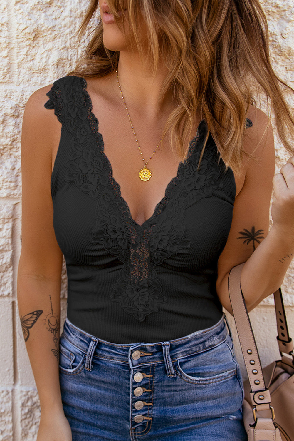 Black Lace Crochet Rib Knit Sleeveless V Neck Bodysuit