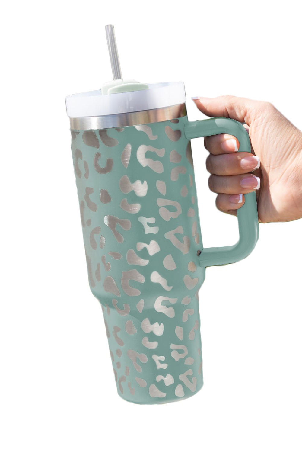 Green Leopard Print 40oz Stainless Steel Portable Cup with Handle