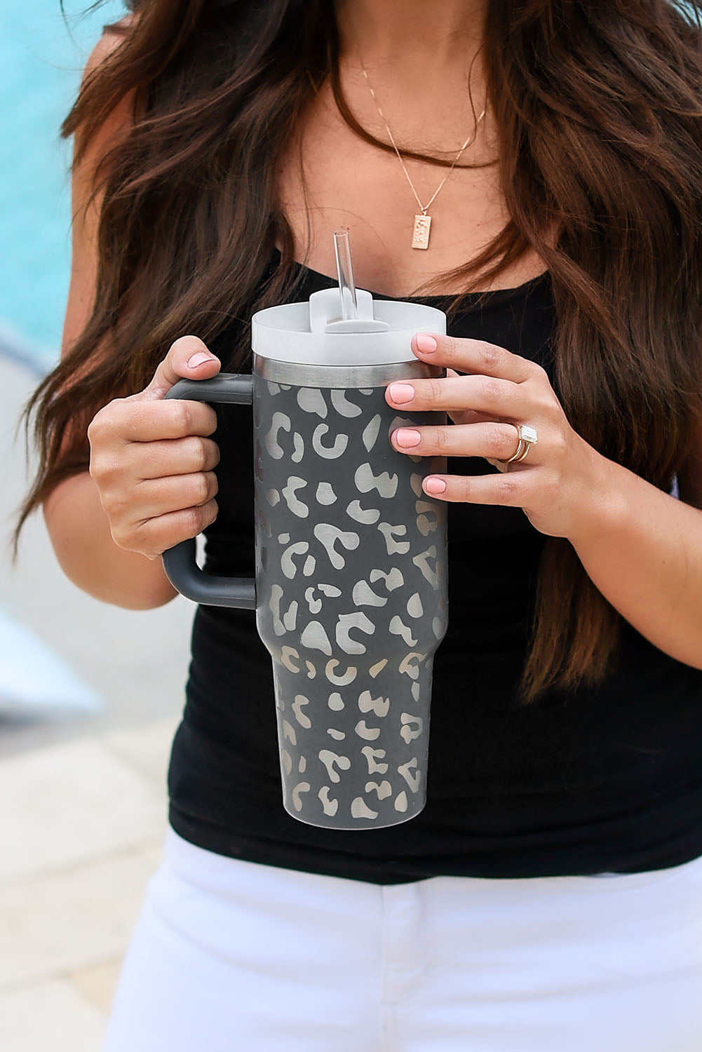 Gray Leopard Print 40oz Stainless Steel Portable Cup with Handle