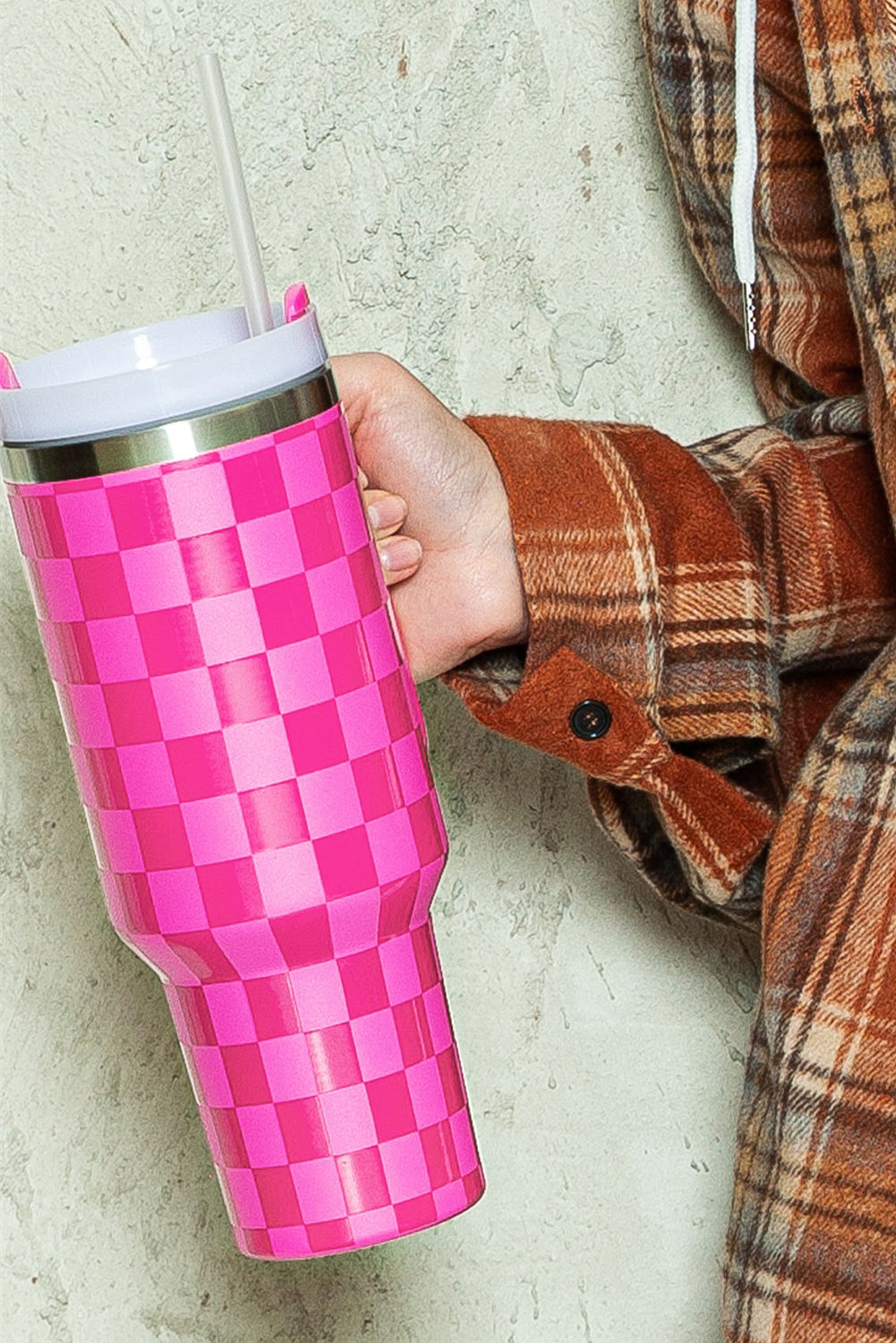 Bright Pink Checkered Print Handled Stainless Steel Tumbler Cup 40oz