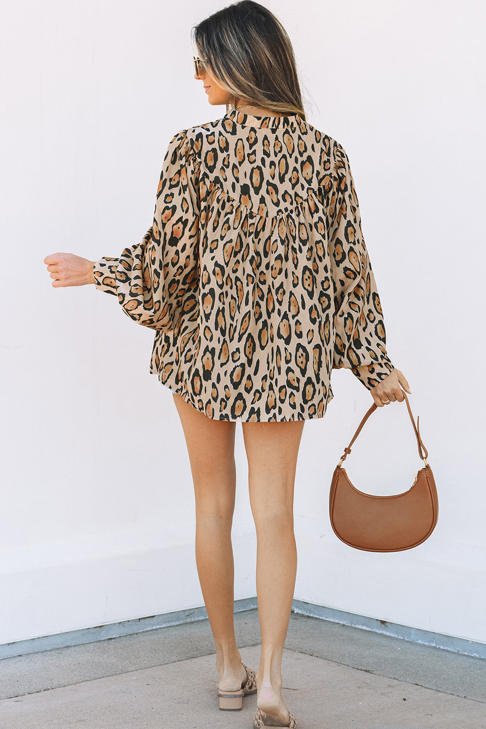 Light French Beige Oversized Leopard Print Balloon Sleeve Casual Shirt