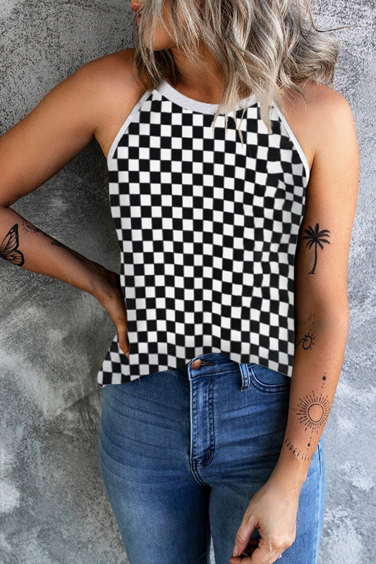 Black Plaid O Neck Sleeveless Tank Top