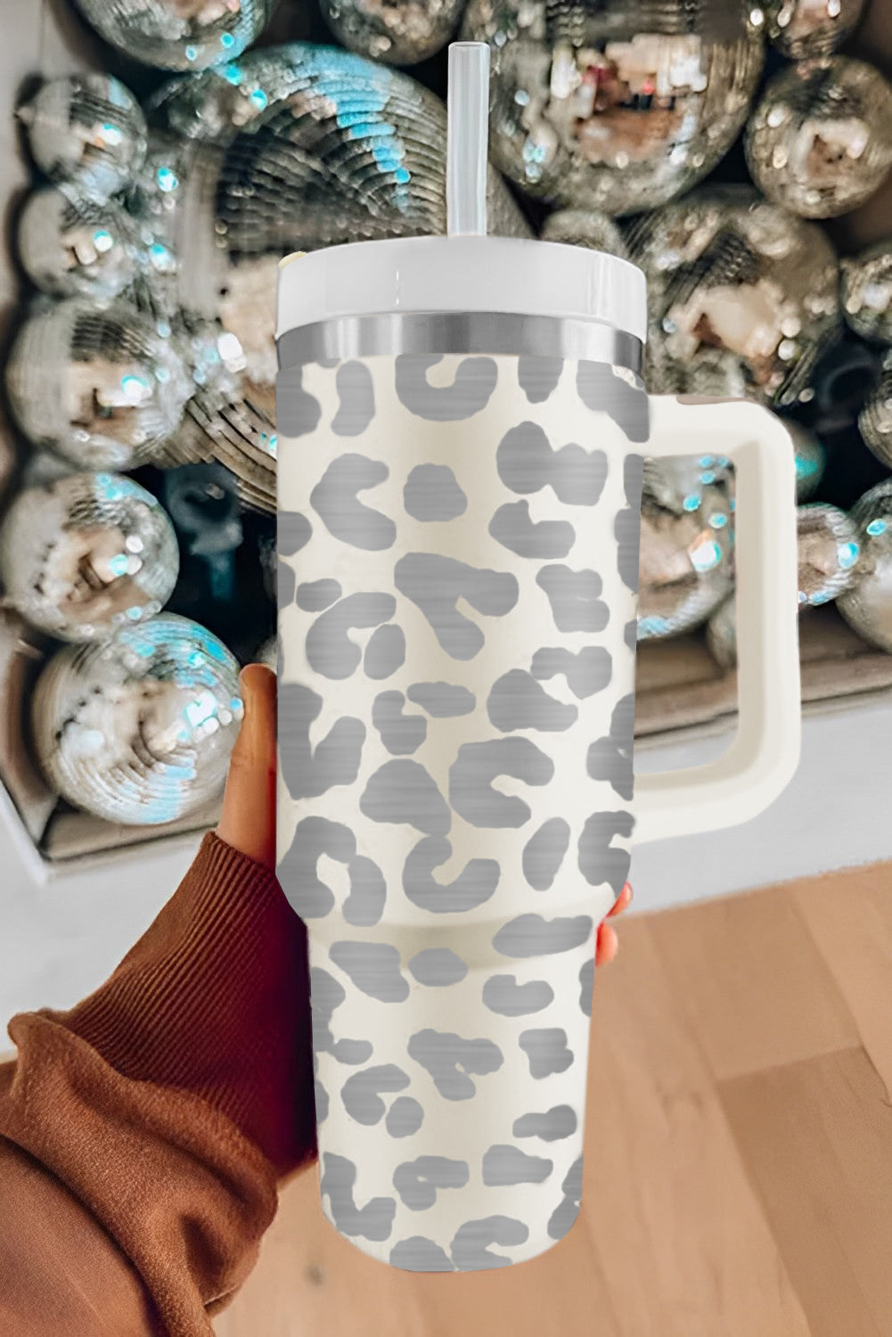 White Leopard Print 40oz Stainless Steel Portable Cup with Handle